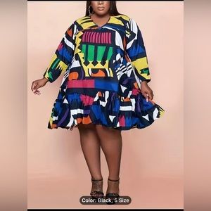 Plus Size Geometric Print Long Sleeve Midi Dress, Women's Plus V Neck Slight